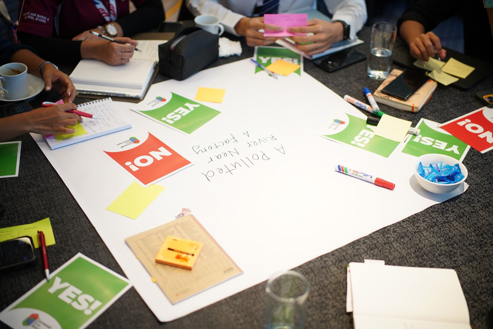 An image of a poster on a table, surrounded by people contributing to the poster.