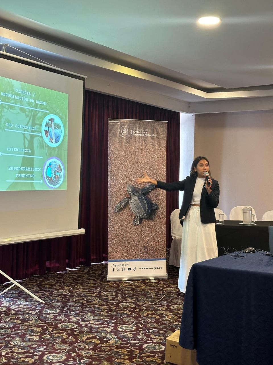 A person holding a microphone stands next to a presentation board and banner, gesturing to both; the banner has a baby turtle in the sand on it