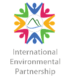 Logo showing an outline of two mountains in the middle surrounded by illustrations of green, blue, red, and yellow people silhouettes holding hands