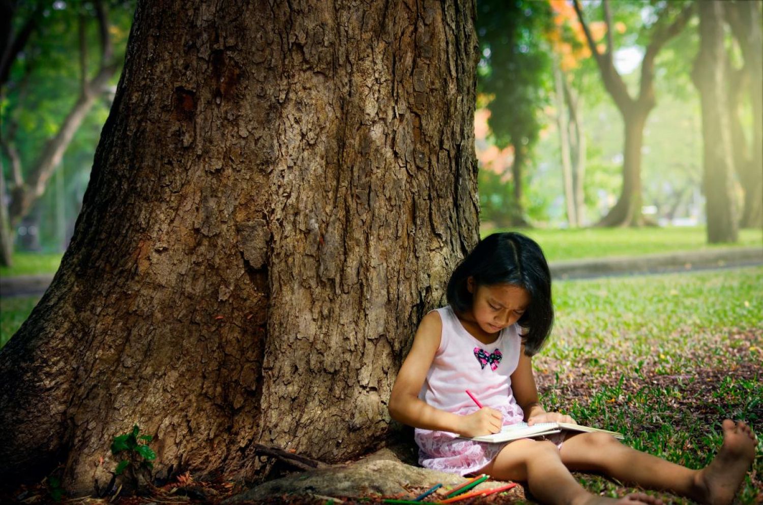 young child doing homework under a large tree